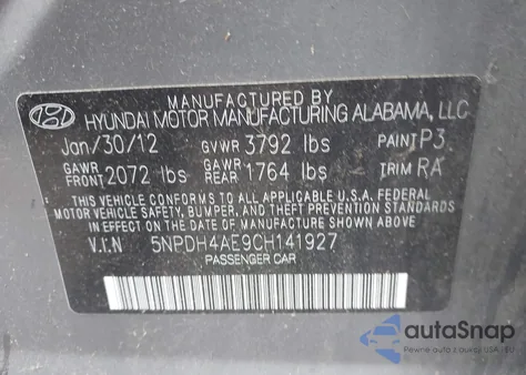 2012 Hyundai Elantra Gls z USA, uszkodzony, nr VIN 5NPDH4AE9CH141927